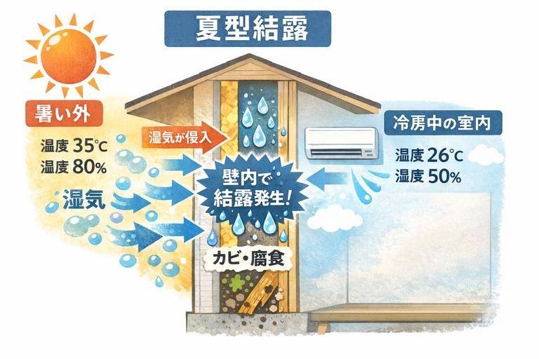 【夏型結露の危険サイン】外気温と湿度が何％で注意？見逃すと壁の中でカビが増殖する理由とは