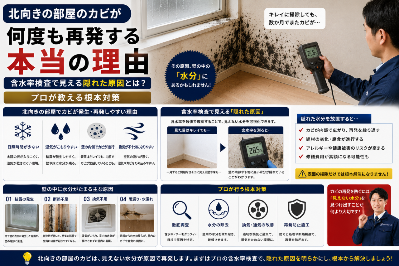 【北向きの部屋のカビが何度も再発する本当の理由】含水率検査で見える隠れた原因とは？プロが教える根本対策