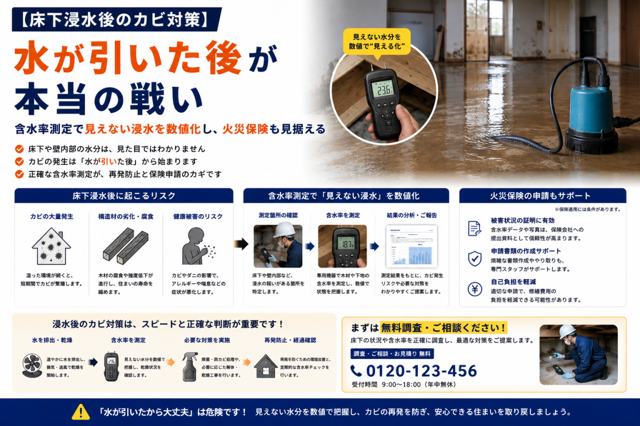 【床下浸水後のカビ対策】水が引いた後が本当の戦い｜含水率測定で見えない浸水を数値化し火災保険も見据える