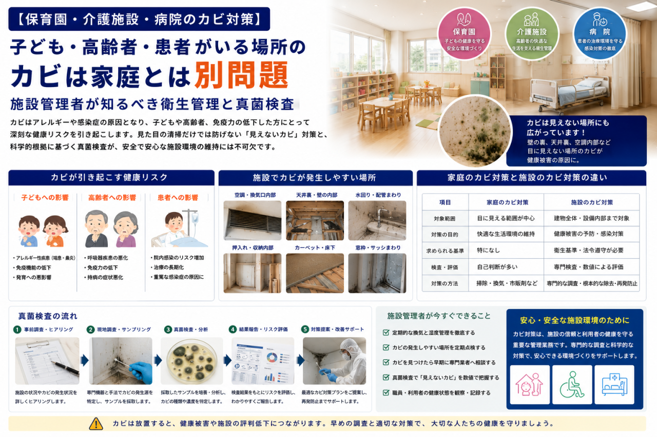 【保育園・介護施設・病院のカビ対策】子ども・高齢者・患者がいる場所のカビは家庭とは別問題｜施設管理者が知るべき衛生管理と真菌検査