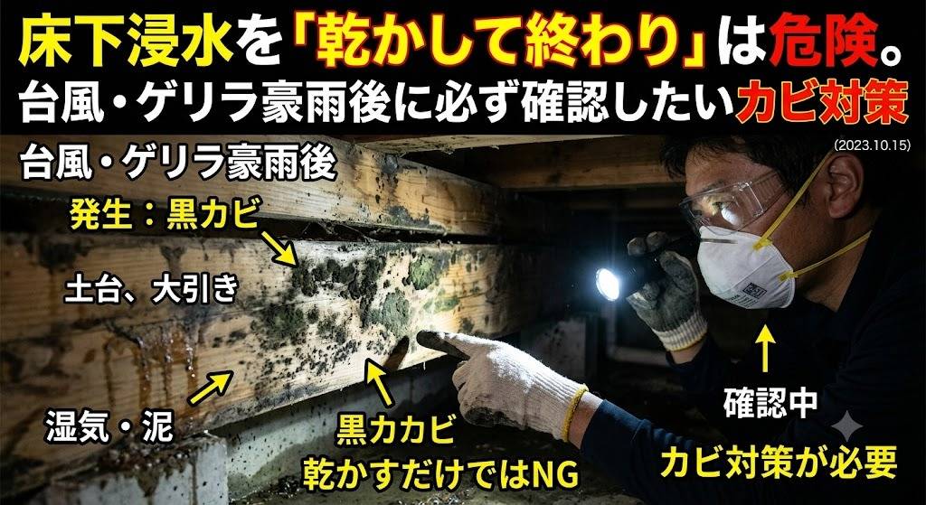 床下浸水を「乾かして終わり」は危険。台風・ゲリラ豪雨後に必ず確認したいカビ対策