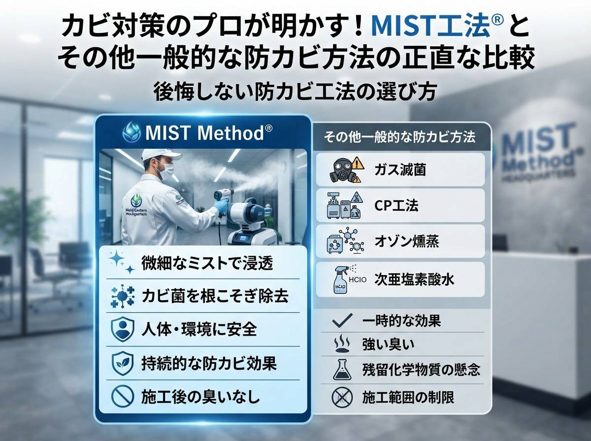 MIST工法®と他工法を正直比較|ガス滅菌・CP工法・オゾン・次亜塩素酸の違いと失敗しないカビ対策の選び方