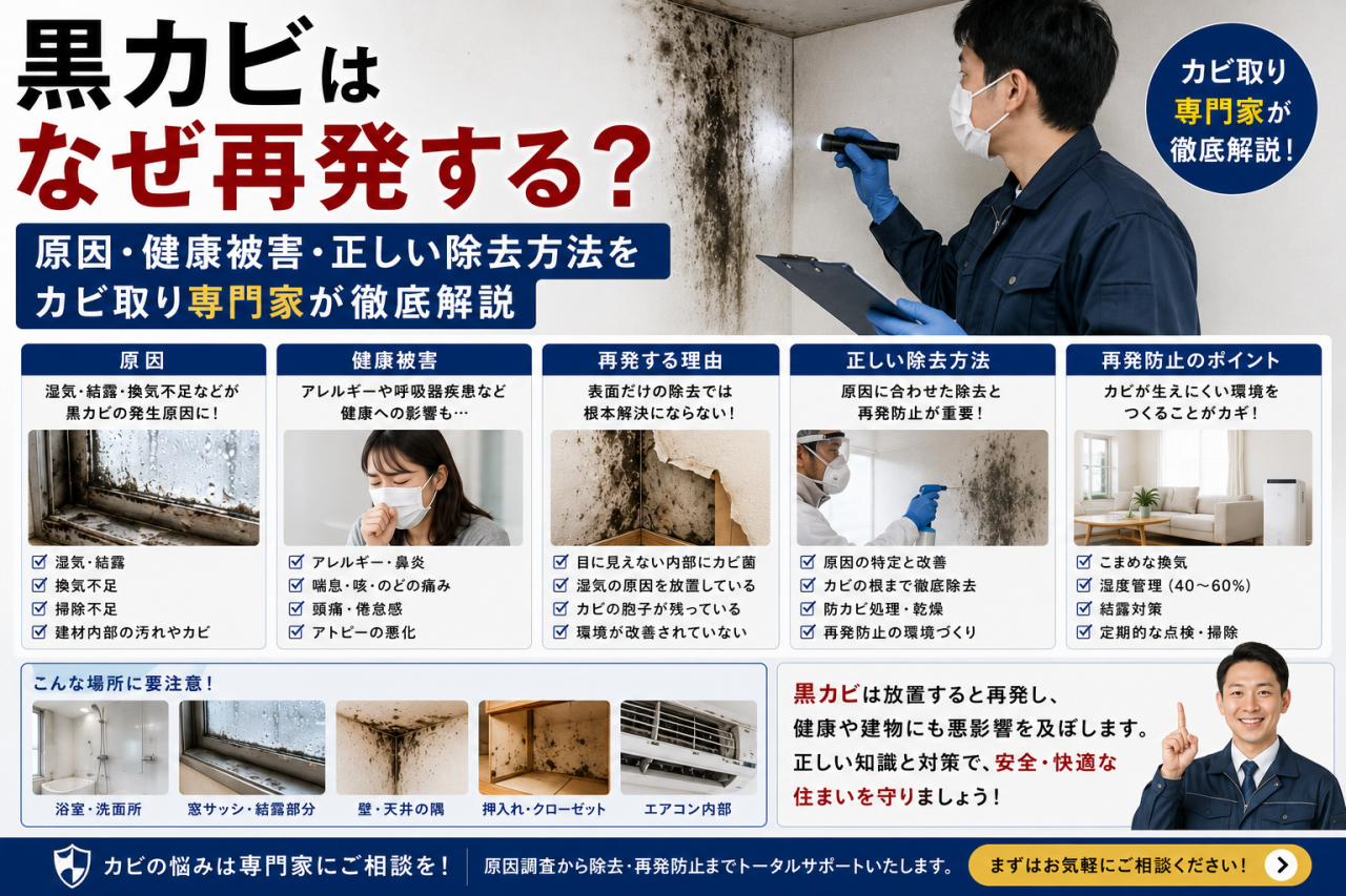 黒カビはなぜ再発する？原因・健康被害・正しい除去方法をカビ取り専門家が徹底解説