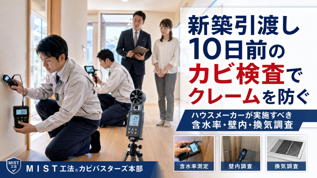 新築引渡し10日前のカビ検査でクレームを防ぐ｜ハウスメーカーが実施すべき含水率・壁内・換気調査