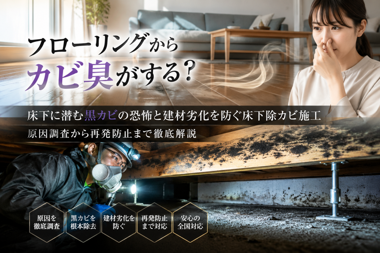フローリングからカビ臭がする？床下に潜む黒カビの恐怖と建材劣化を防ぐ床下除カビ施工｜原因調査から再発防止まで徹底解説