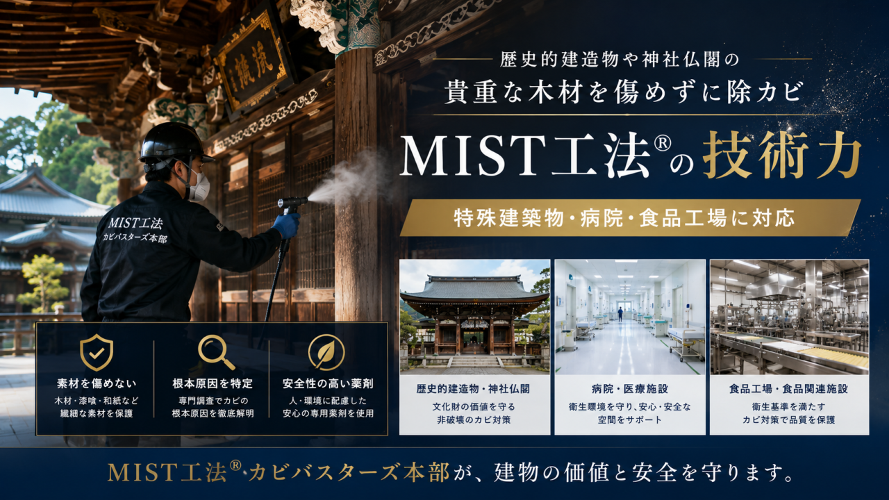 歴史的建造物や神社仏閣の貴重な木材を傷めずに除カビ｜特殊建築物・病院・食品工場に対応するMIST工法®の技術力