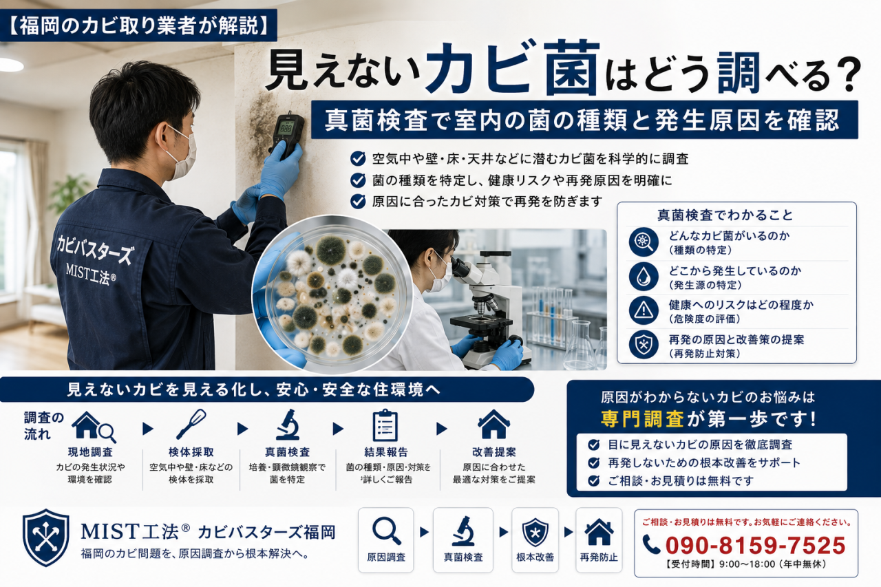 【福岡のカビ取り業者が解説】見えないカビ菌はどう調べる?真菌検査で室内の菌の種類と発生原因を確認