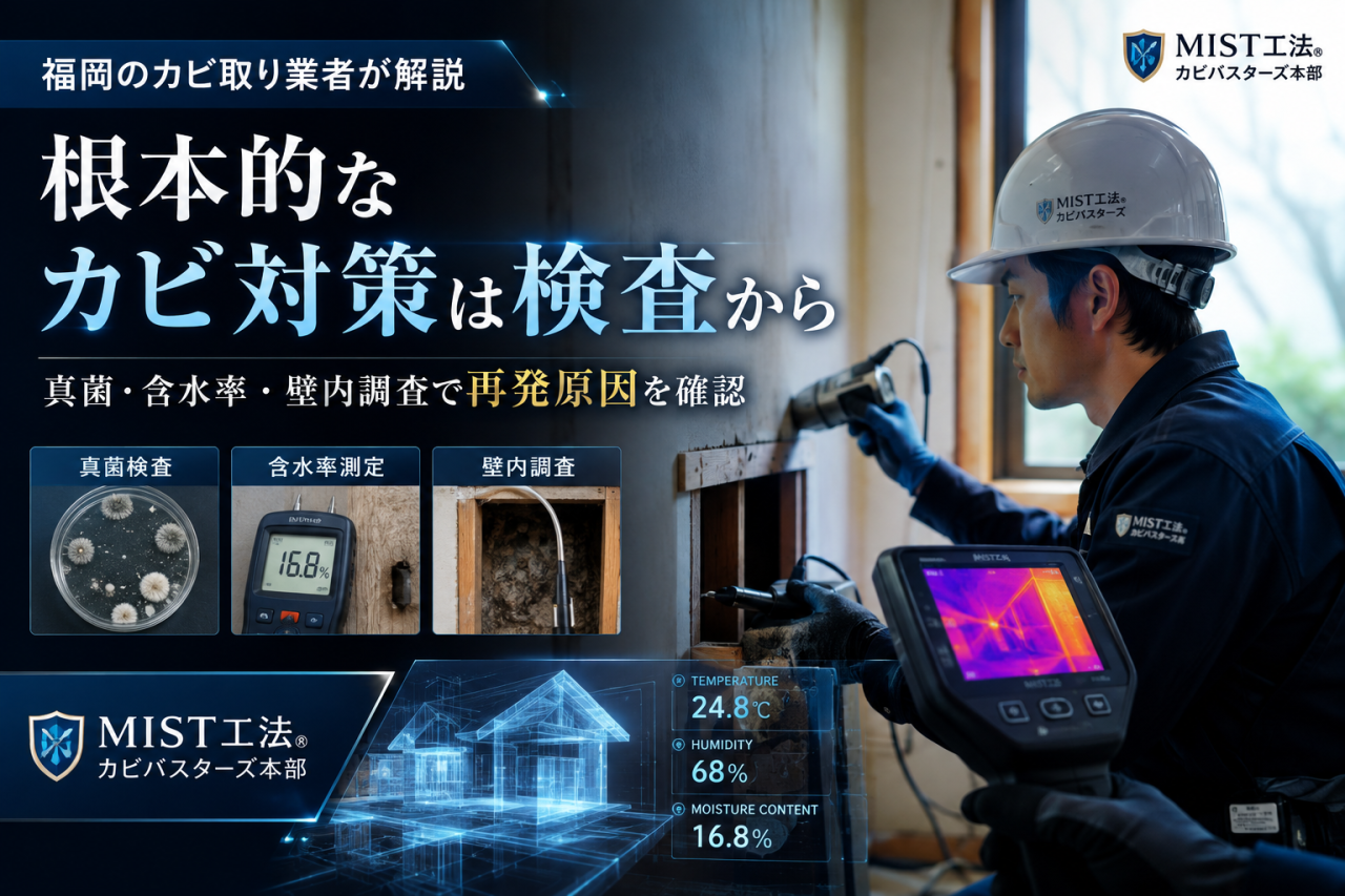 【福岡のカビ取り業者が解説】根本的なカビ対策は検査から｜真菌・含水率・壁内調査で再発原因を確認