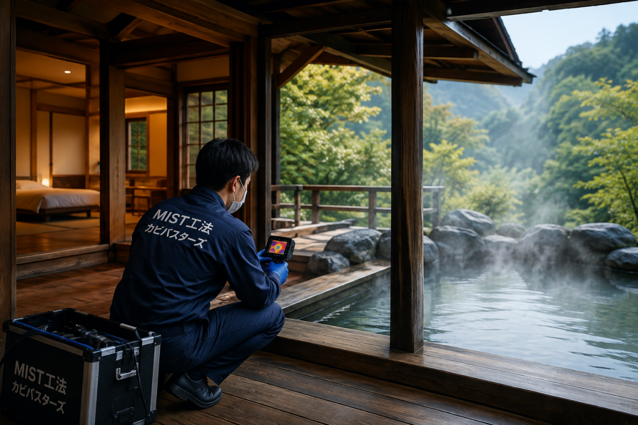 高級温泉旅館・オーベルジュのカビ対策｜露天風呂・木造客室・床下に発生する原因と口コミ低下を防ぐ調査方法