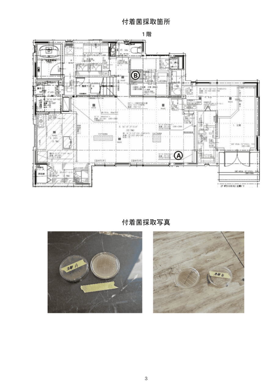 付着菌の採取箇所を示す1階平面図と採取写真