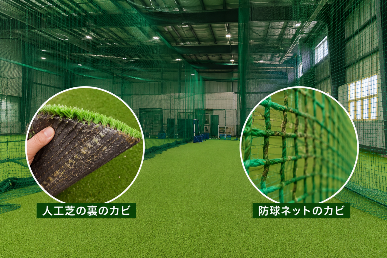 屋内練習場のカビ対策|人工芝の裏・防球ネットに発生する原因を専門家が解説