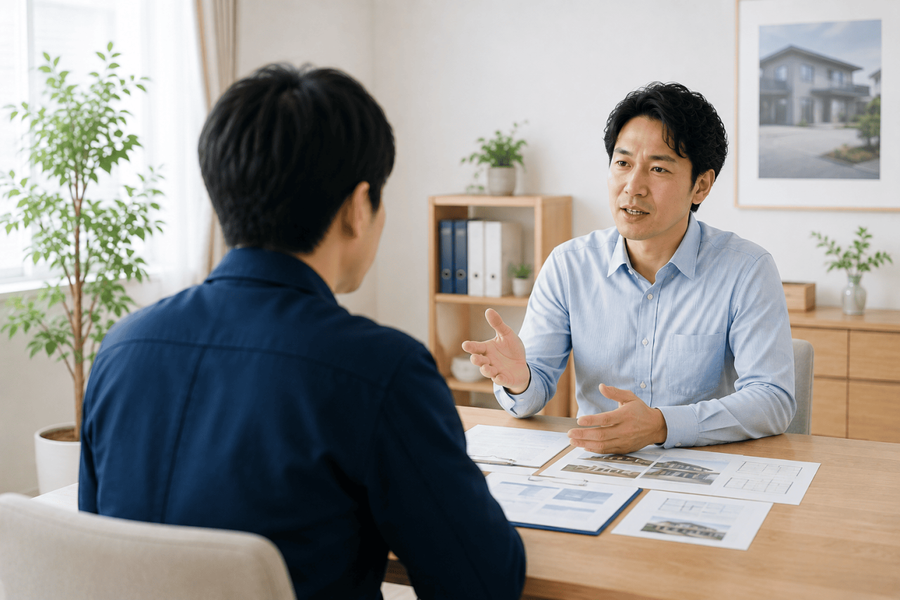 住宅トラブルについてお客様と話し合うハウスメーカー担当者
