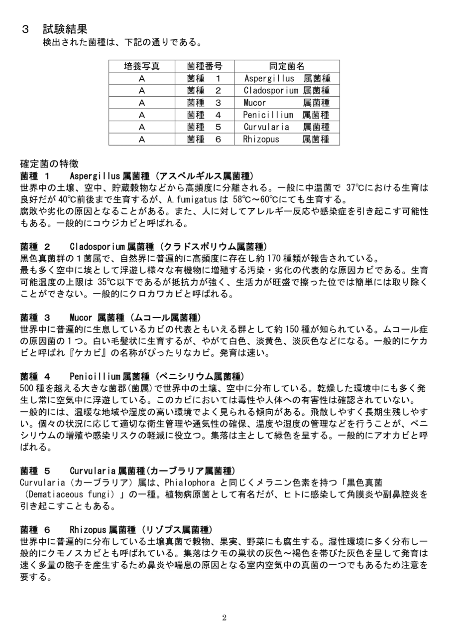 施工前の付着菌検査で検出された6種類のカビ菌種一覧