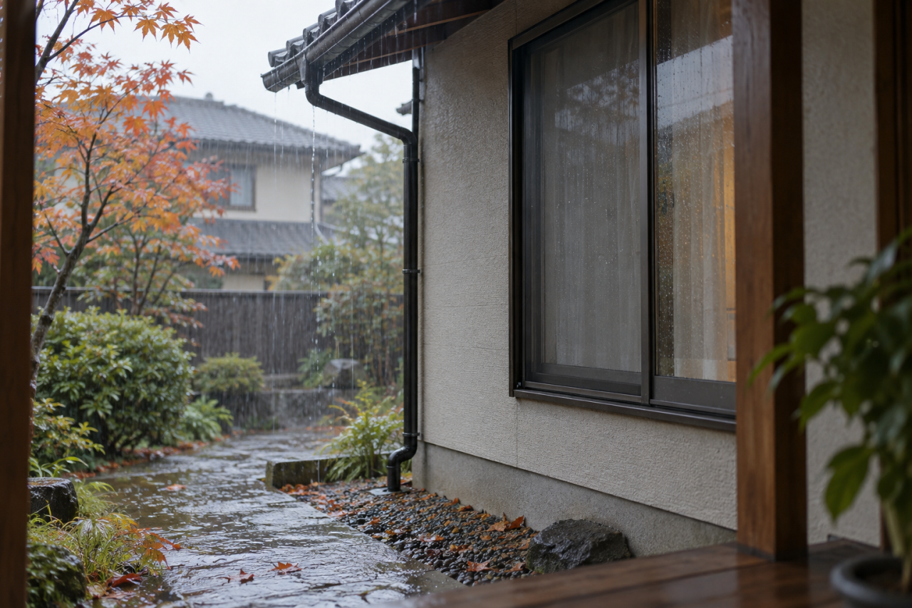 秋の雨に濡れる住宅の外壁と雨どい（AIイメージ）