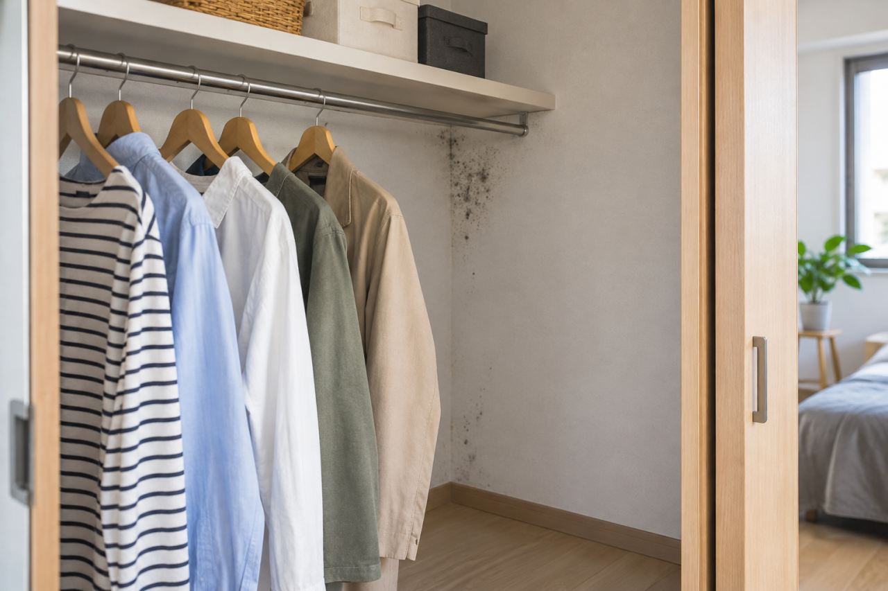 収納内の衣類と壁の黒い斑点を確認する場面