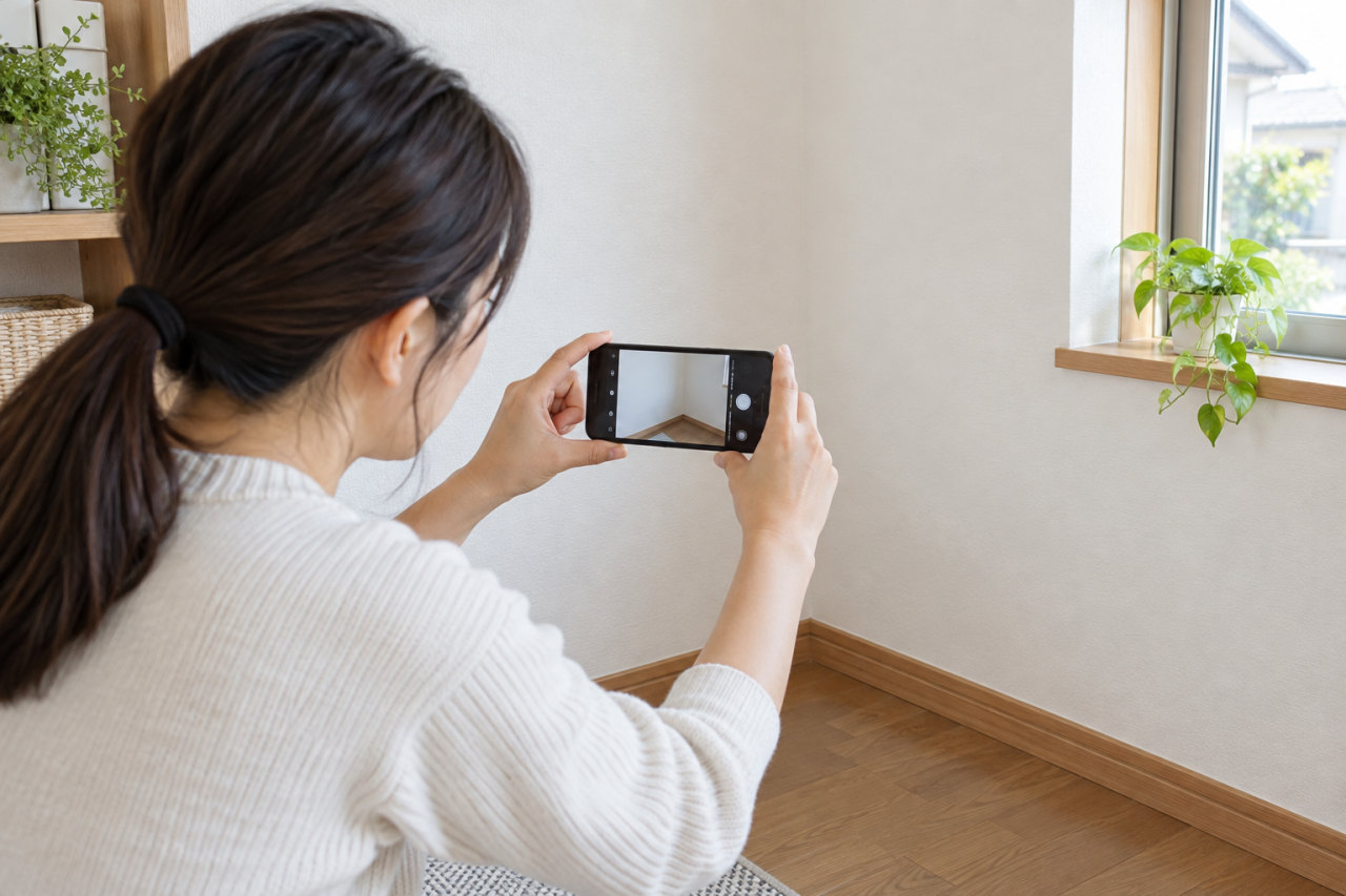 壁の同じ場所を写真に残して変化を確認する様子