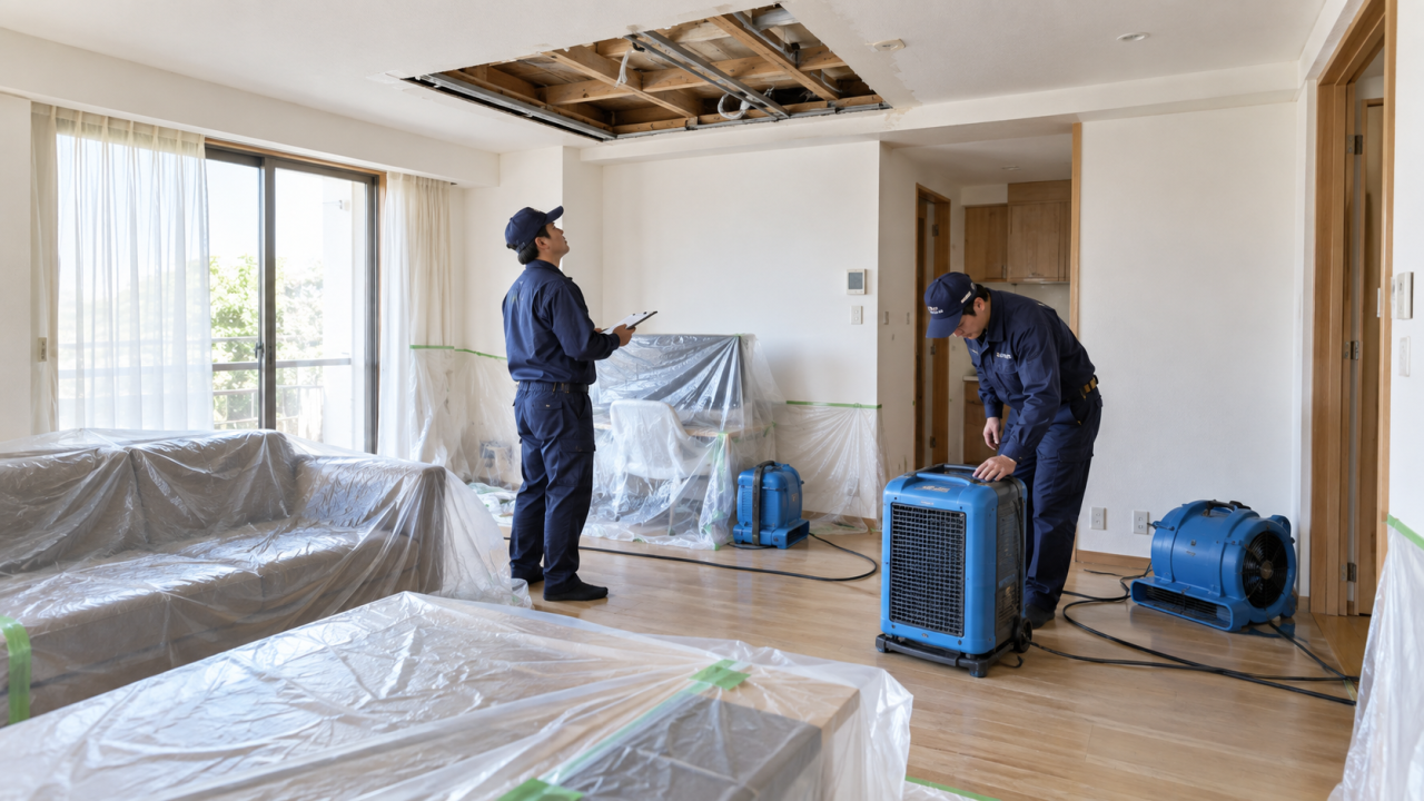 天井の下地と乾燥設備を確認する復旧工事の場面
