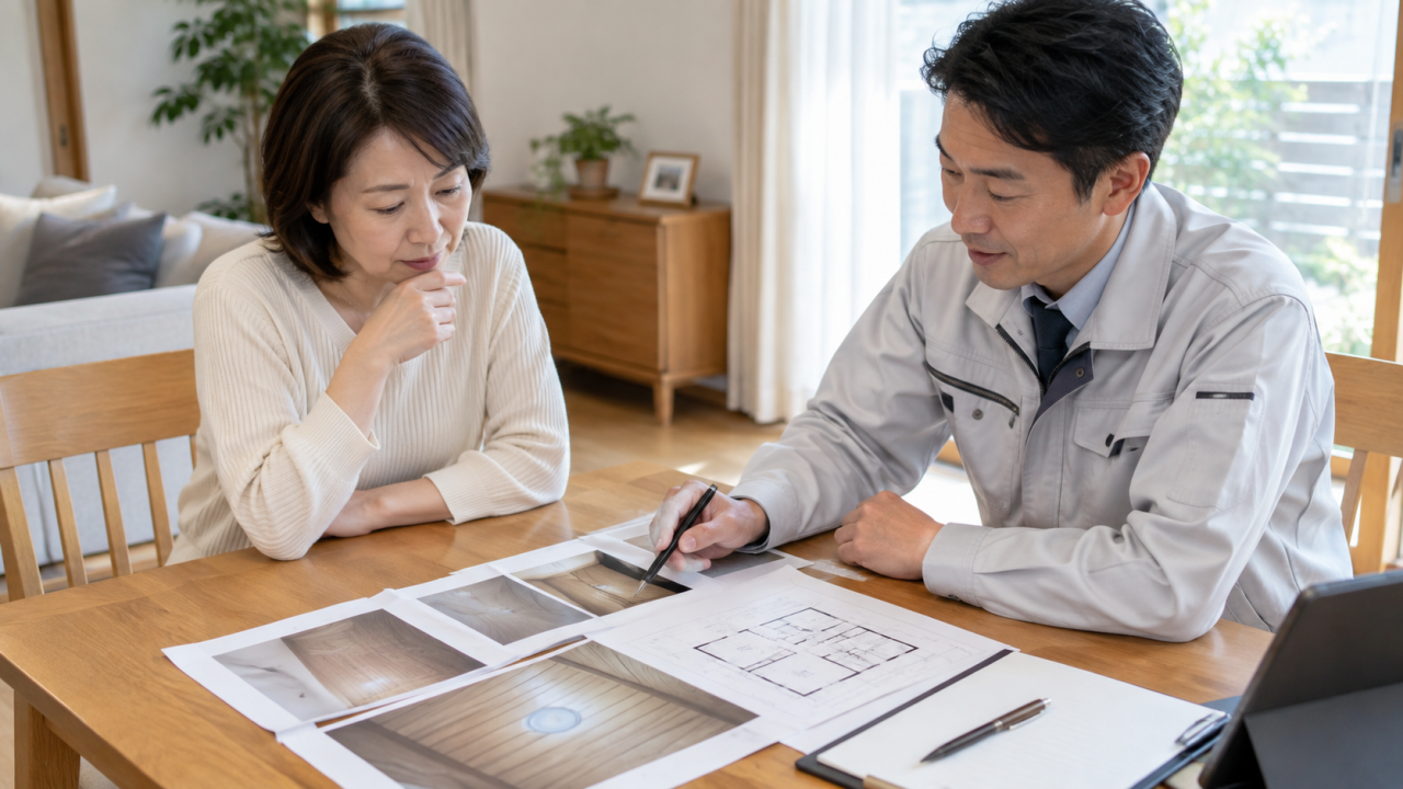 天井の写真と間取り図を確認しながら相談する様子