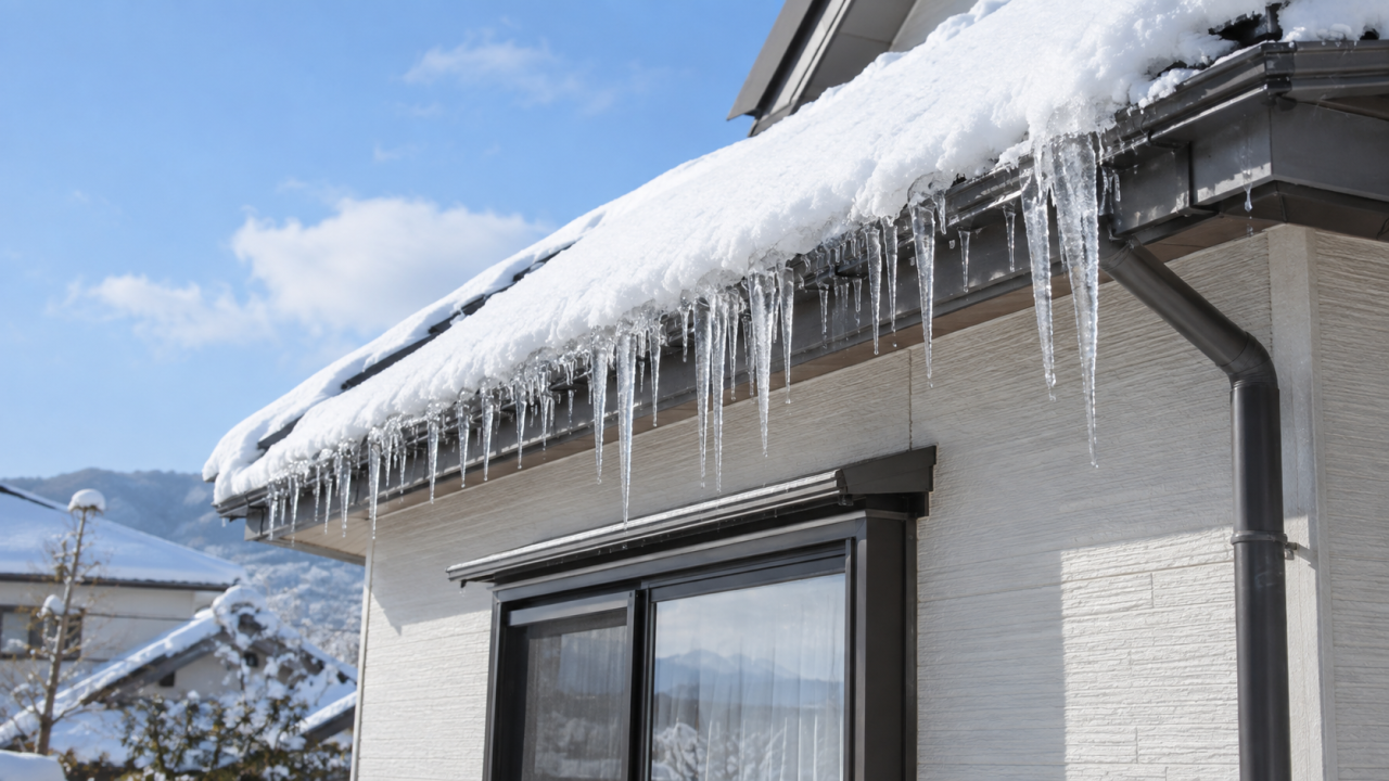雪の残る住宅の屋根と軒先の氷