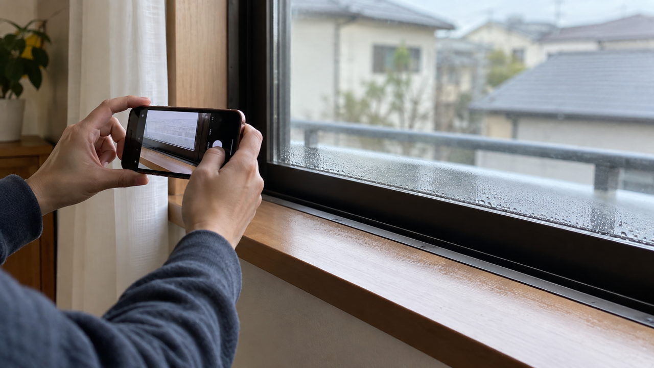 窓の結露をスマートフォンで撮影する様子