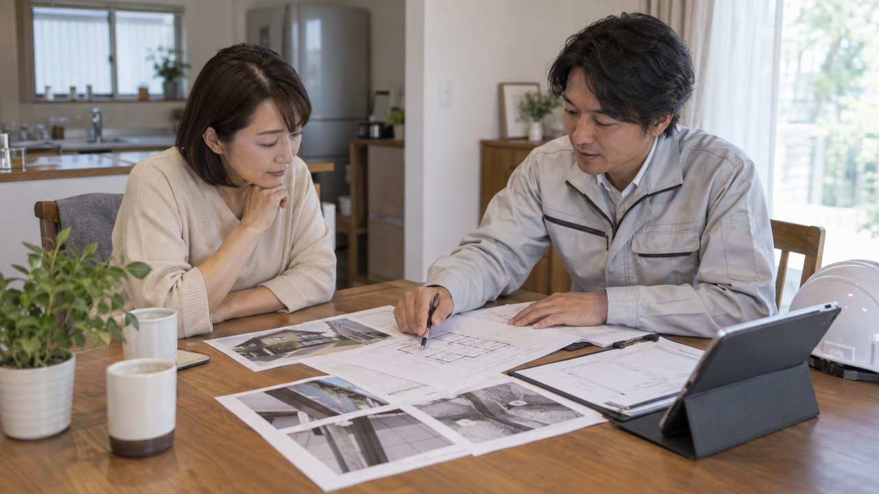 住人と担当者が施工範囲の資料を確認する様子