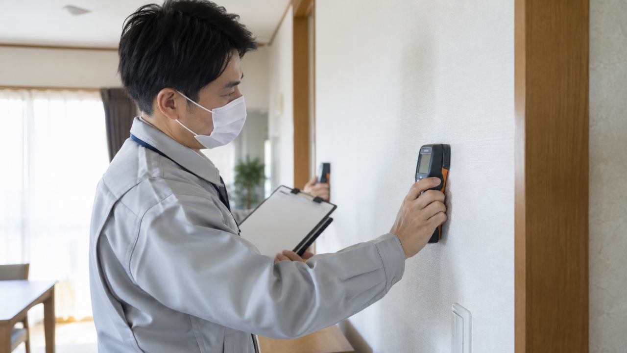 壁に水分計を当てて状態を確認する担当者