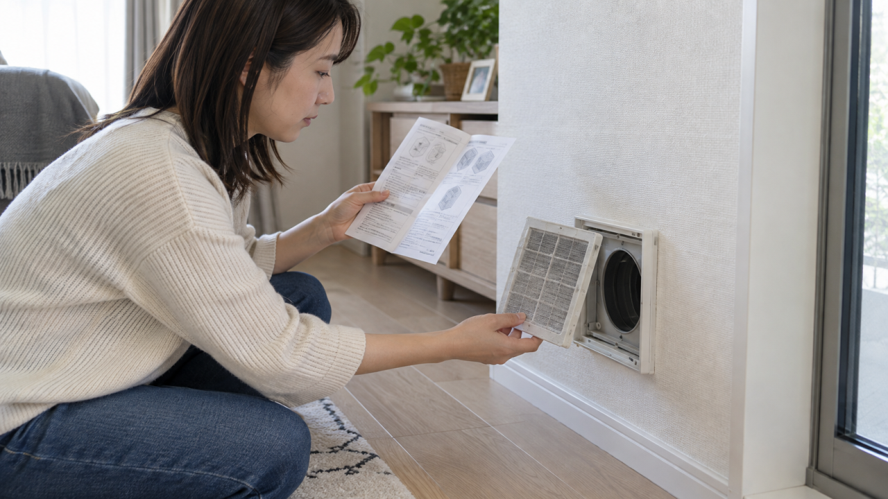 説明書を見ながら給気口のフィルターを確認する住人