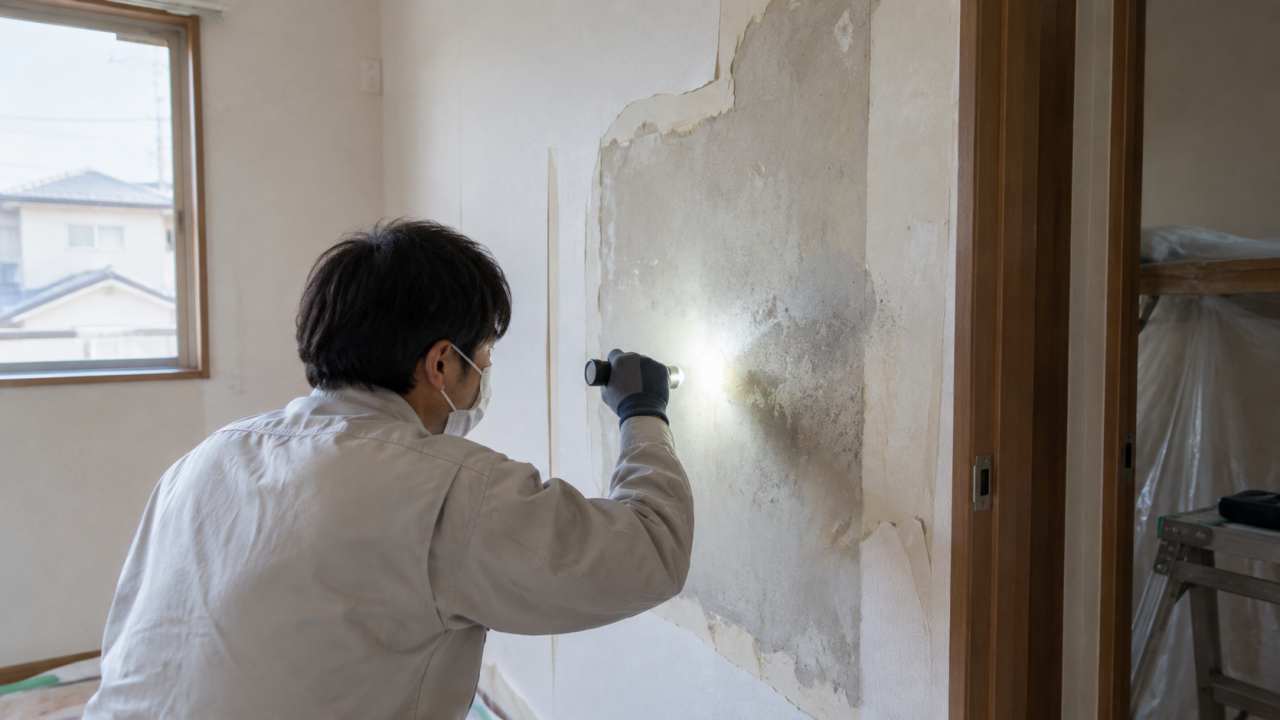 壁紙をはがした下地の状態を確認する担当者