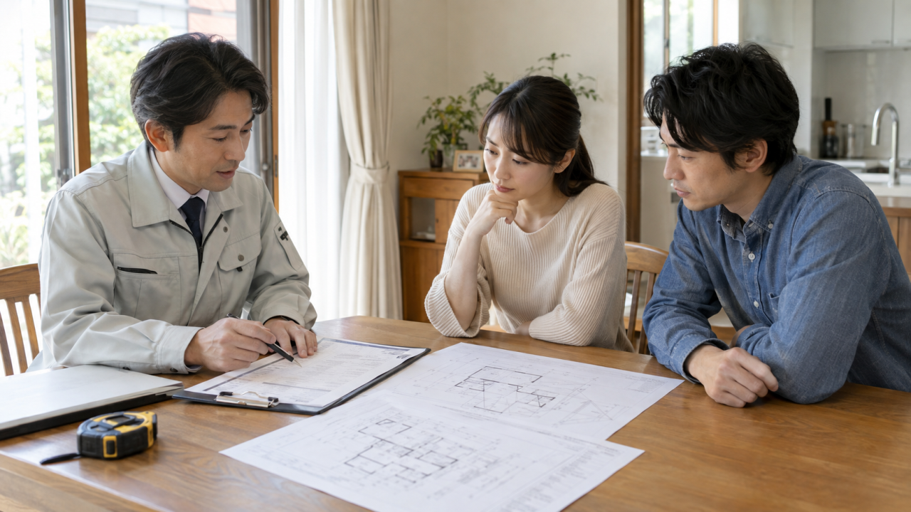 工事範囲と見積書を確認する住人と担当者