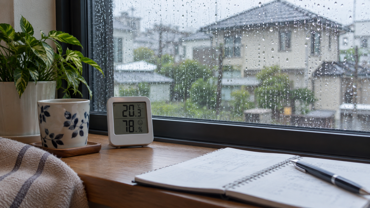 窓辺に置かれた温湿度計と記録用ノート