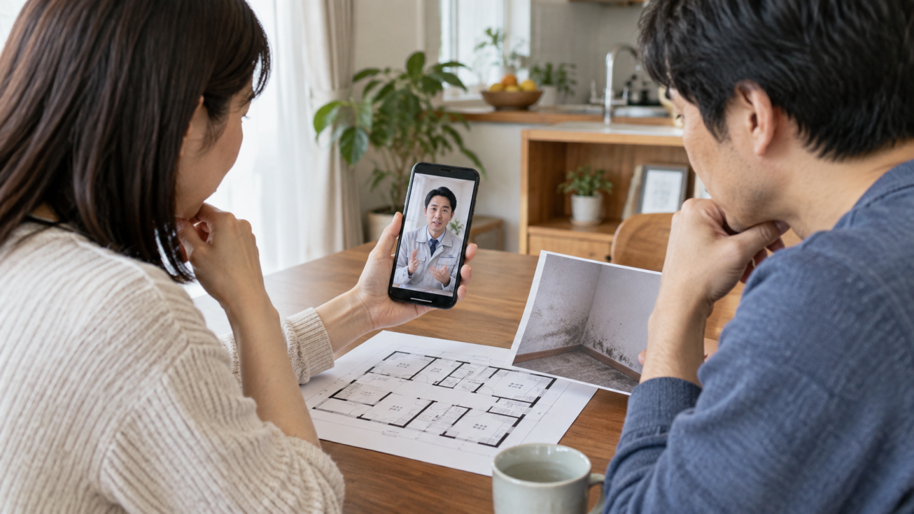 写真と間取り図を準備して住宅の相談をする住人