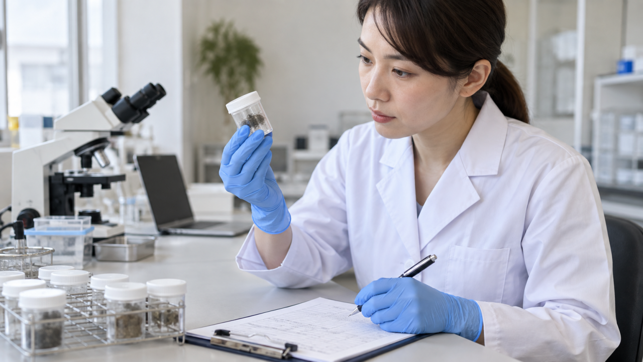 採取容器と記録を確認する検査担当者