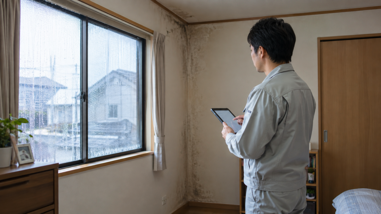 窓と壁の状態を観察し記録する住宅調査員