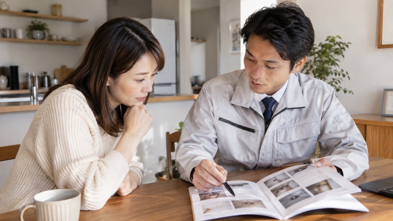写真入りの報告書を住人と確認する担当者