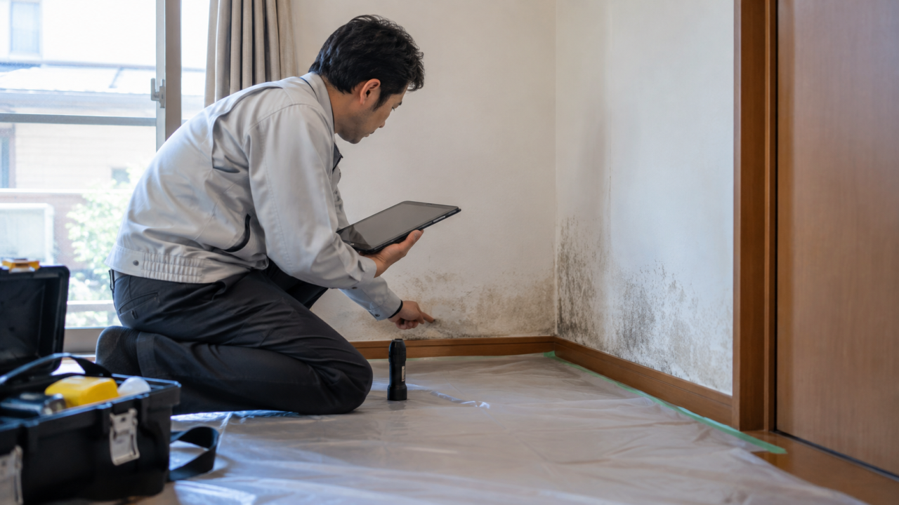 壁と床の境目を観察する住宅調査員