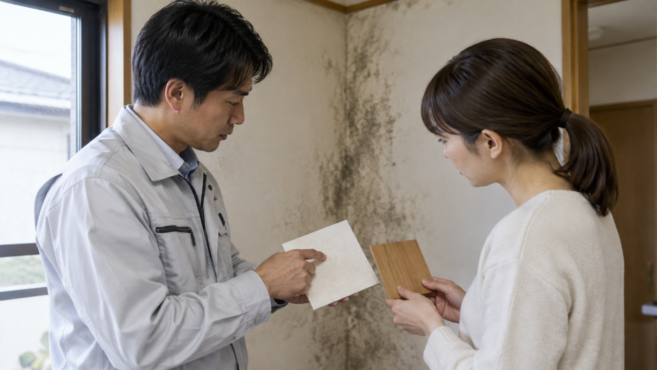 壁紙と木材のサンプルを担当者と確認する住人