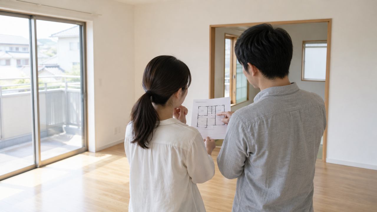 空の室内で間取り図を見ながら配置を考える夫婦
