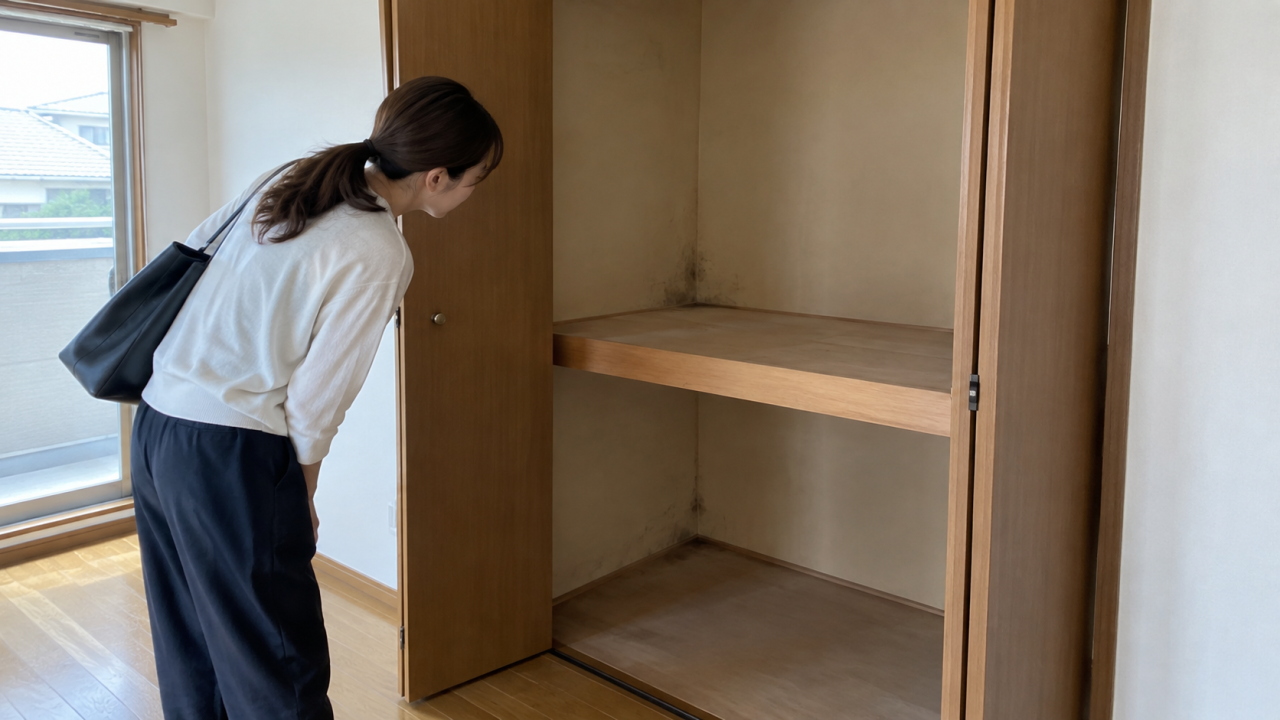 内見時に収納の奥と底板を確認する女性