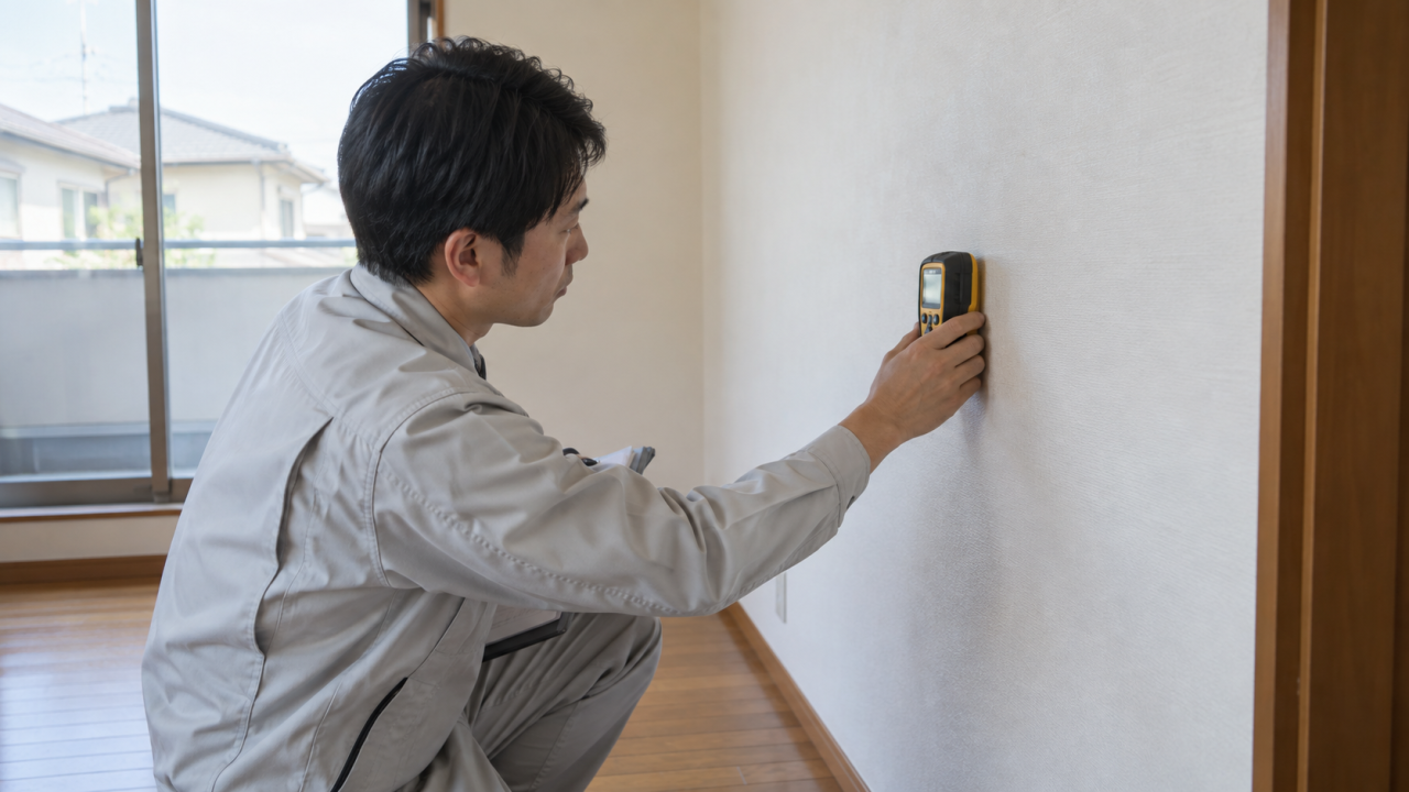 壁面に水分計を当てて確認する住宅調査員