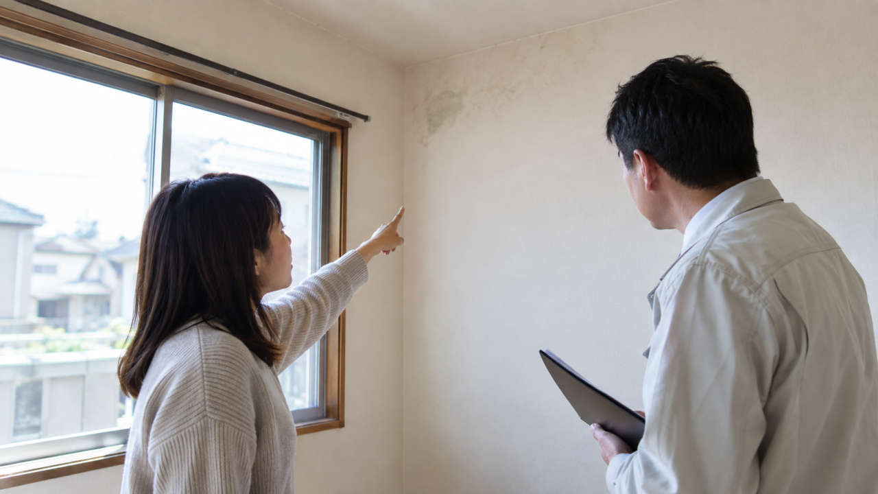 窓際の壁の染みを担当者に伝える住人