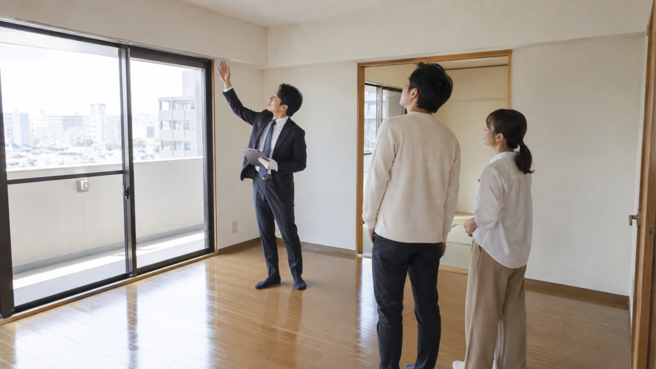 中古マンションの室内を担当者と確認する内見者