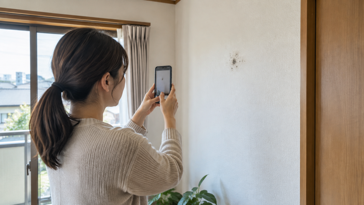 壁の黒ずみをスマートフォンで記録する住人