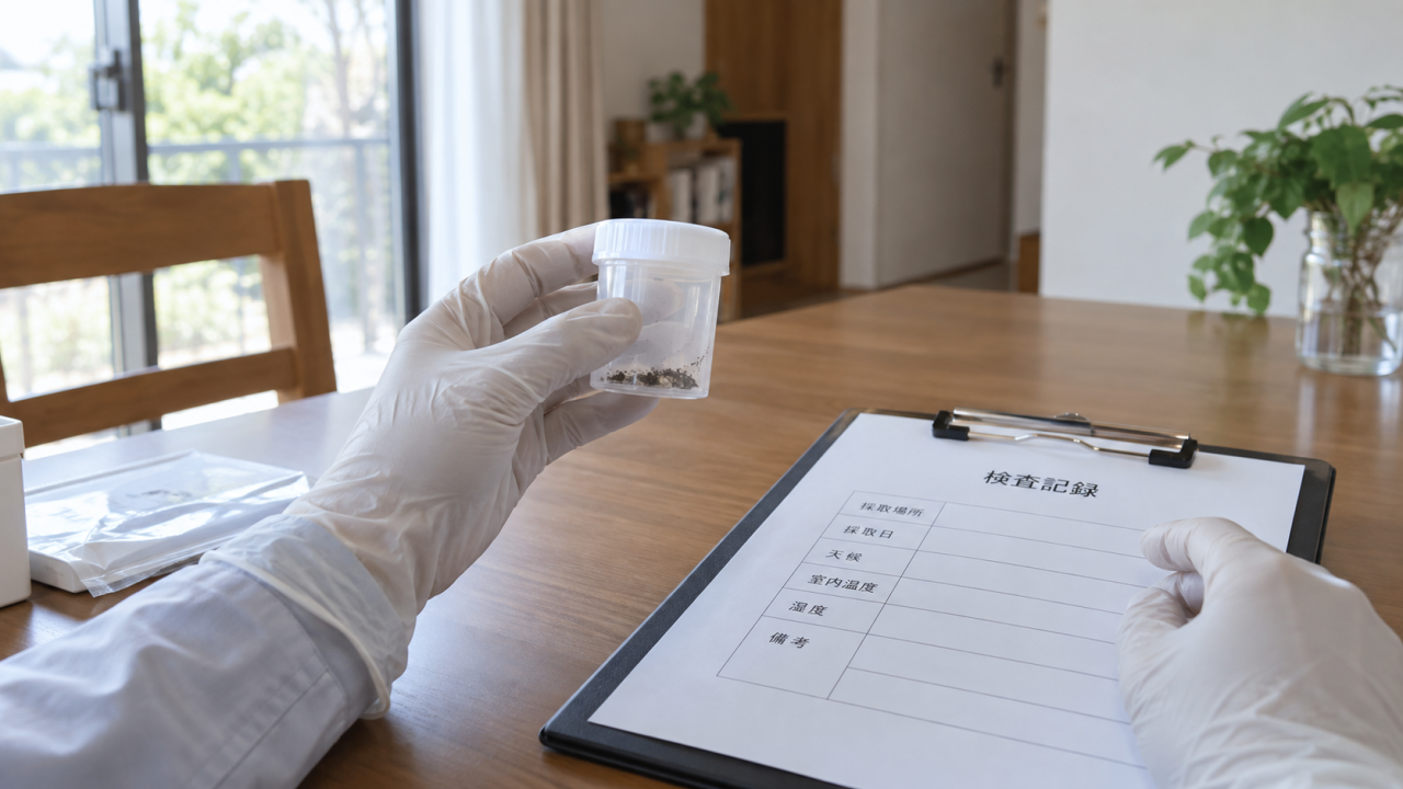 密閉容器と採取条件の記録を確認する手元