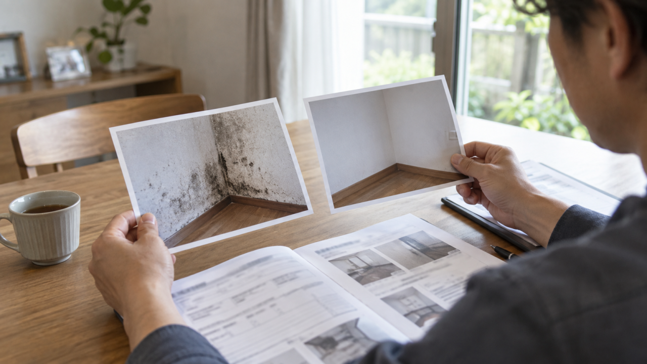 壁面の写真と清掃の記録を比較する手元