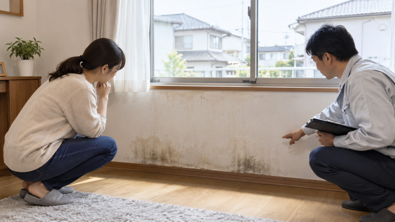 窓下の染みを調査員と確認する住人