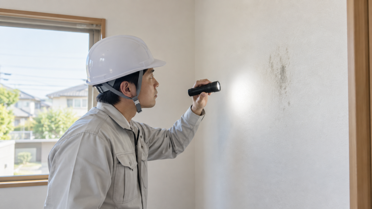 壁の変色をライトで確認する調査員