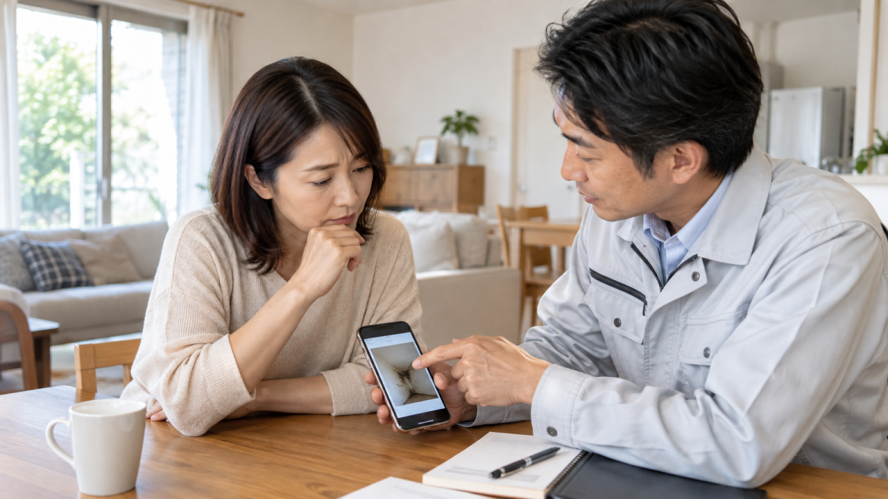住まいの写真を担当者と確認して相談する住人