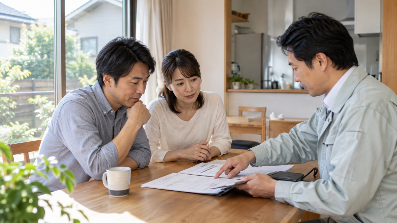 住宅の作業見積もりを担当者と確認する夫婦