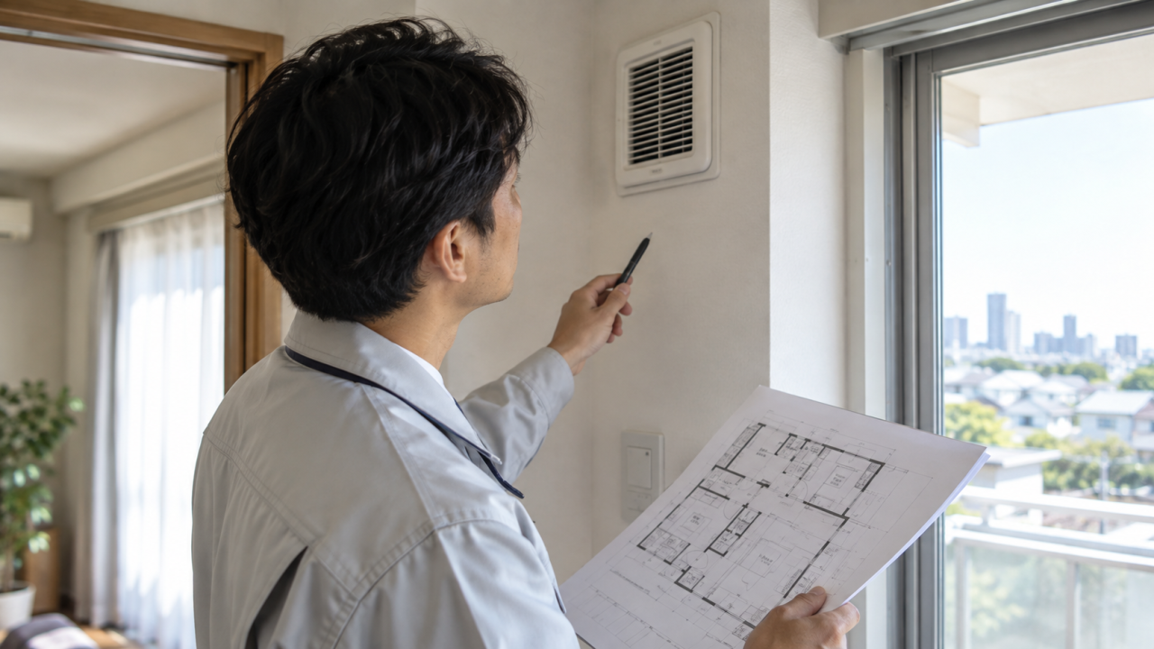 図面と換気口の配置を確認する調査員