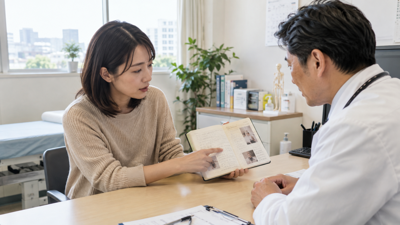 生活の記録を医師に見せて相談する女性